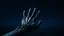 Placeholder: transparent glass arm with black veins reaching out from the black sea towards the deep blue sky and five fingers, dark universe, faint stars, galaxy, detailed, high realistic, impressive, dark. gloomy