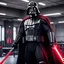 Placeholder: over muscular Darth Vader with gigantic biceps with veins in the training room with his red lightsaber