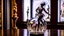 Placeholder: a pretty glass wine jar with beautiful minature glass shapes on out side and some glass hlalf sphere on it with a lady ballerina inside in pretty standing ballet pose on a table in a art gallery with famouse paintings and statues
