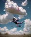 Placeholder: Ultra realistic clouds sky scene, medium shot view, portrait, sweet monster Childs free jumping flying with trinkets, smile, happy, Wes Anderson style, inflatable color clothing, extreme, wind, clouds sea, 20,000 feet altitude, stratosphere, soft color, highly detailed, unreal engine 5, ray tracing, RTX, lumen lighting, ultra detail, volumetric lighting, 3d, finely drawn, high definition, high resolution.