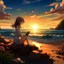 Placeholder: girl anime style sunset beach rocks technology