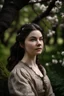 Placeholder: Beautiful Girl in the garden, 18 century, brunette, literally dark hair, dark eyes, fat, smell of sakura, rest, detailed face, england, she is staying under the tree, 30 years old