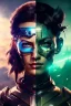 Placeholder: Cyborg warrior, waist up portrait, 8k resolution, intricate details, ornate details, soft lighting, vibrant colors, retroanime, masterpiece, intricate eyeliner, dark eyeshadow, eyes, wild hair, intricate tattoos, jungle background, blue hair