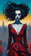 Placeholder: close up, full body, wildly stylized representation of a audacious vampire girl with highly detailed dark hair and facial features by Afarin Sajedi, her silhouette residing amidst bold, attention-grabbing abstract design that's defined by a wash of vibrant, highly saturated hues, juxtaposed against stark, surrealist landscape of bustling colored cityscapes