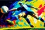 Placeholder: Oil painting, football match, the striker is kicking a goal, the ball is flying, bright but not neon colours, dynamic lines, dynamic blobs, spots, lines in the background of the character, like a colour explosion, A visually striking piece filled with dynamic brushstrokes, reminiscent of the impasto technique used in Vincent Van Gogh's Post-Impressionist paintings. The composition features bold colors and unblended strokes, creating a sense of depth and movement that defies traditional art style