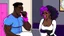 Placeholder: black lady yells at the phone while her boyfriend sits at home working out laughing