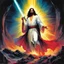 Placeholder: [art by Esteban Maroto] Jesus with a lightsaber opening the belly of the devil