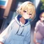 Placeholder: Clear focus, High resolution, short blonde hair, pink eyes, wearing a light blue and white oversized hoodie, wearing white shorts, hair between eyes