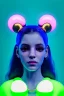 Placeholder: Rosalía, artist, 30 years old, Realistic, waist up portrait. Eyes, glow, circle iris, eye liner. Hair, pigtails. make up, glow. lips, gold. big rings piercing, led ornament, pearls. Coat, smile pin, inflatable latex, cold, led lights, minimal, neon, pink, blue, gold, vibrant color, highly detailed, art stations, concept art, smooth, unreal engine 5, god lights, ray tracing, RTX, lumen lighting, ultra detail, volumetric lighting, 3d, finely drawn, high definition, 4k.