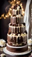 Placeholder: stunning chocolate wedding cacke with dark and white chocolate decorations, high realistic, high detalied, sharp focus, dynamic lighting, stunning, blur background with pale light