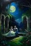 Placeholder: Oil painting A secret meeting between a princess and a prince in an abandoned garden in an abandoned palace under the moonlight