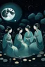 Placeholder: "Create an evocative AI art piece depicting natural moonlit nightwives, inspired by folklore. Illustrate ethereal women in traditional attire, engaged in quiet activities under the soft glow of the moon. Infuse an air of mystique and nostalgic