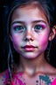 Placeholder: A beautiful young girl portrait vibrant colors, different teint of blue, pink, purple,black , 8k resolution, paint splashed 3D effect, fuller picture, black background