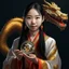 Placeholder: Bitcoin cryptocurrency in the hands of a traditional chinese girl, dragon