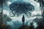 Placeholder: A woman with dark hair, in an android suit, looking out over a lake, in an alien forest, with tall cloud trees, flying Portuguese men of war with octopus tentacles