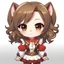 Placeholder: a close-up headshot of a chibi woman with long brown hair, red eyes, brown ferret ears, a mischievous expression, American clothes, intricately detailed, masterpiece, anime chibi doll