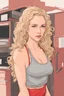 Placeholder: Woman in her early 20s with curly blonde hair, gray eyes, and a intelligent expression. She has an athletic figure. Make her wear a red bikini. Artistic style.