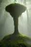 Placeholder: floating suspended translucent glowing orb above pedestal, misty, inside overgrown moss vines labrotory, sacred geometry object inside translucent floating orb, aura foggy mist, tesseract, purple, green, gold