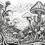 Placeholder: create a realistic strange fantasy landscape with bold lines and strange plants and mushrooms, black and white, high contrast, black outline, realistic in the style of line art, in the style of coloring book, clear white sky, white background, line ART