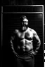 Placeholder: half figure shot photography of a turkish bearded chubby shirtless barechested 44 years old professor in thick glasses, big shoulders, manly chest, standing by completely writed blackboard , front view from the ground, photorealistic, ambient occlusion, side light