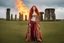 Placeholder: Full body shot of a tall slim red-headed young woman, dressed like a gipsy, standing in front of Stonehenge in a flaming circle