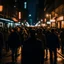 Placeholder: dark city at night, lots of people, blurred, focus on one person in the middle