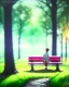 Placeholder: park mystical dream, park bench, man, woman, child, dog, trees, path, bird, sunshine, mystical, fantasy, romanticism, pastel colors, daylight, daytime, acrylic painting, detailed, soft focus,