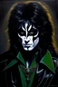 Placeholder: Head and shoulders image - oil painting by Scott Kendall - pitch Black solo record album with emerald overhead lighting - 30-year-old Peter Criss (Drummer) with shoulder length, wavy, straight black and gray hair, with his face made up to look like a cat's face - in the art style of Boris Vallejo, Frank Frazetta, Julie bell, Caravaggio, Rembrandt, Michelangelo, Picasso, Gilbert Stuart, Gerald Brom, Thomas Kinkade, Neal Adams, Jim Lee, Sanjulian, Thomas Kinkade, Jim Lee, Alex Ross,