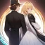 Placeholder: anime couple is standing back to back, female is wearing a flowing white dress, female is short, female has long blonde hair, male is tall, male is wearing black coat, hat and has dark brown hair, couple is standing with thier backs towards each other