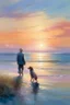 Placeholder: Craft an impressionistic painting of a solitary figure standing at the edge of a calm sea, with a dog by their side. The scene is set at sunrise, with the sky and sea awash in a brilliant array of colors—soft blues, gentle golds, and subtle pinks, all reflecting off the water's surface. The brushstrokes are visible and textured, giving the painting a dreamy, vibrant quality. The figure and the dog cast long reflections on the water, creating a harmonious connection between them and the surroundi