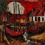 Placeholder: A dark red village with a port designed in African pottery painted by Vincent van Gogh