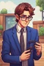 Placeholder: a man with short brown hair, glasses on his eyes, a business blue suit, holding a phone in his hands and talking to someone. stardew valley style