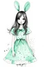 Placeholder: Watercolor black and white with mint dress bunny ears girl