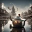 Placeholder: A teapot is shining and a laughing child is looking at it. The child’s image is reflected inside the teapot and behind the child is the reflection of a destroyed city.