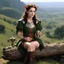 Placeholder: youthful Winona Ryder as an elf in dusty armour drinking Miruvor in a carved goblet, she sits on a log on a hill, in front of a wonderful landcsape, she is bold and has no inhibition