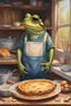 Placeholder: create an oil painting of a frog with overalls baking pie in a warm tiny house