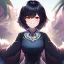 Placeholder: Clear focus,High resolution, black short fluffy hair, long fluffy bangs, and red eyes, Depressed girl, wearing a techy outfit, Smug smile, half closed eyes, smile, outfit pic