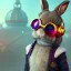 Placeholder: pixar style anamorphic cute rabbit baby, smiling, cyberpunk headphone, sunglass, gangsta gold neckless, full body, magenta puffer jacket, manila city backdrop, dramatic lighting, hyper realistic, unreal engine 5, 16k