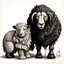 Placeholder: a black sheep drawing a lion and cat