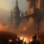 Placeholder: frank frazetta style, medieval town in battle, storm, siege weapons