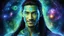 Placeholder: beautiful gorgeous young man na'vi with long hair, Avatar, blue skin, two small ears, green eyes, black hair, in cosmic suit, galactic ambiance, medium pointy goatee , smiling, nebulas and sacred geometry light figures on the backgroud,