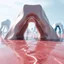Placeholder: A photo of a landscape. The surface below the structure is glossy. There are fake structures. In the background, other white and blue forms and structures are visible. The atmosphere is metaphysical. The image has a glossy finish. The exposure value is 8.