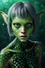 Placeholder: airbrush with pen outline, an intense alluring gremlin smeagol alien mermaid with wet short grey hair tucked behind ears, she has green eyes and light freckles. her entire body is covered in gradiated dark to light green mottled hexagon scales that transistion into skin at neck, , inside space ship with much technology and wild colorfull green plants