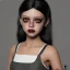 Placeholder: Female Jenna ortega black dress,soft goth libstick, wednesday addams family make up, brad double wig, dramatic lighting, highly detailed, volumetric lighting, unreal engine, 8k