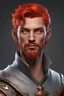 Placeholder: Make a man, wizard, fire genasi, gray skin tones. short fiery red hair and trimmed red facial hair, red eyes