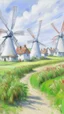 Placeholder: A white village with windmills painted by Claude Monet