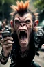 Placeholder: A very angry and bitter punk rocker tries to scream holding his mobil phone, and screams very high and gets angry, howler monkeys disturbs him