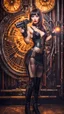 Placeholder: Full Body photo of a burlesque Woman With straight hair and a Fringe Hairstyle, holding a laser gun, sci-fi steampunk Background