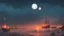 Placeholder: concept art. medetarian architcture. Medivial fantasy port City with a lot of buildings at the ocean. On the horizon is a Storm. In the Sky a big white and as small red moon