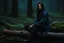 Placeholder: evan buckley with long dark hair and blue eyes sitting on a log , photorealistic, 4k, dark fantasy